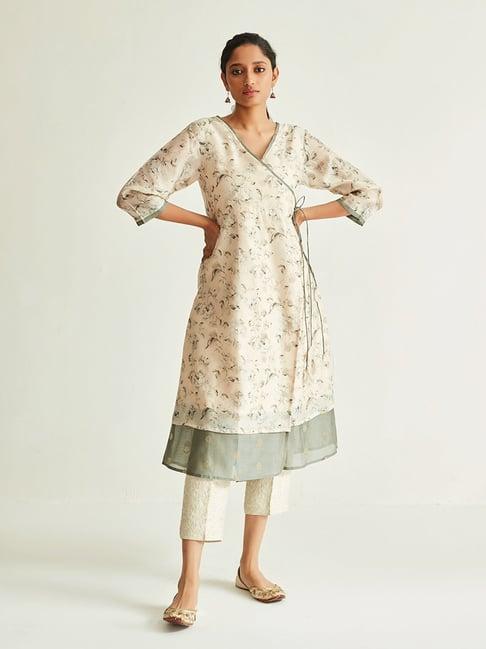 ancestry beige floral print angrakha kurta