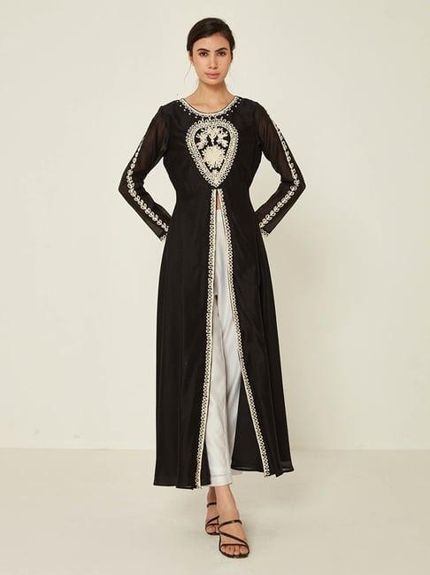 ancestry black chanderi embroidered a line kurta