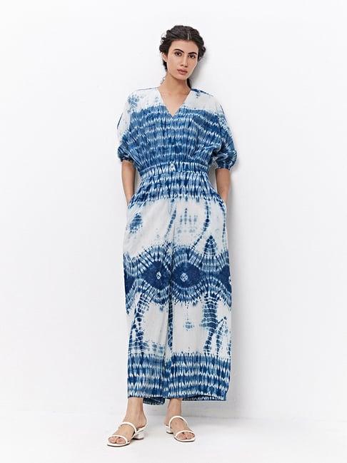 ancestry blue & white cotton printed maxi jumpsuit