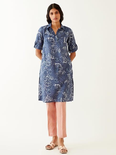 ancestry blue floral print straight kurta