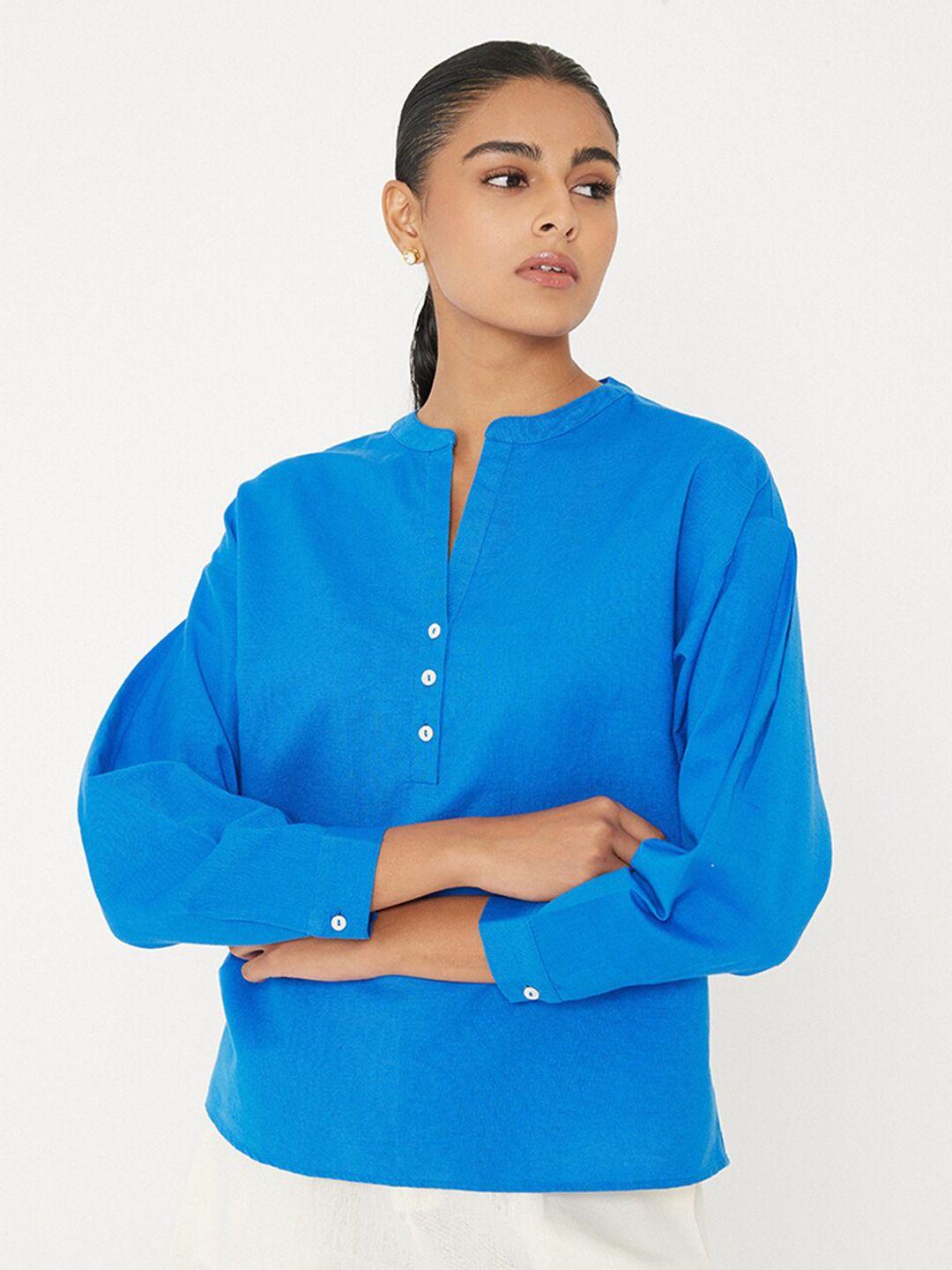 ancestry blue mandarin collar cotton shirt style top