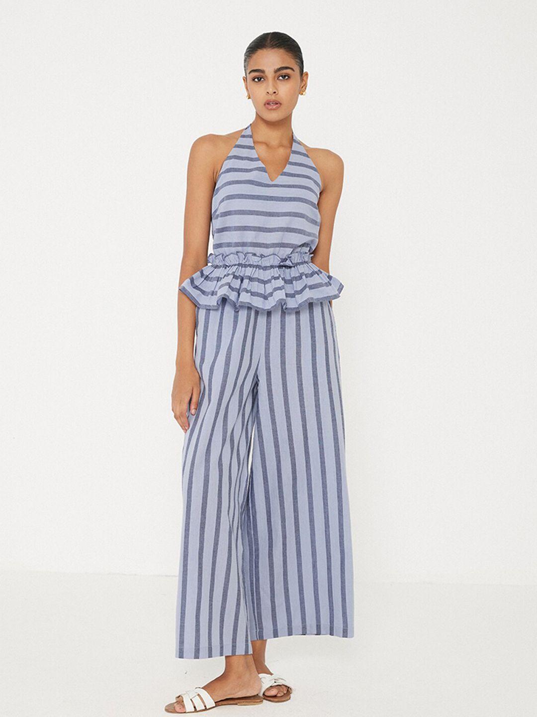 ancestry blue striped basic jumpsuit with ruffles