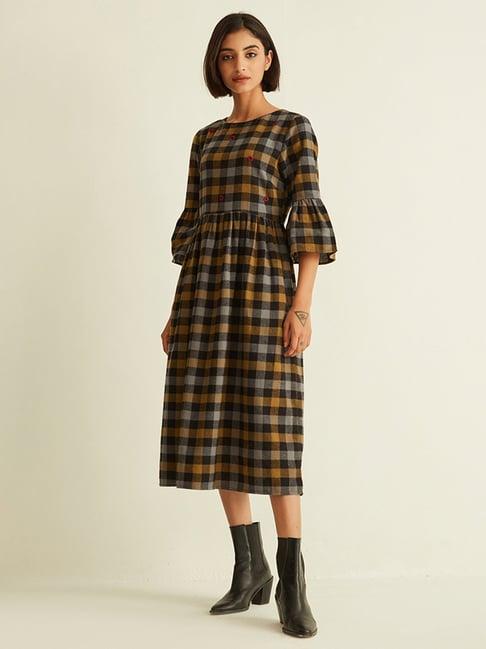 ancestry brown check midi dress