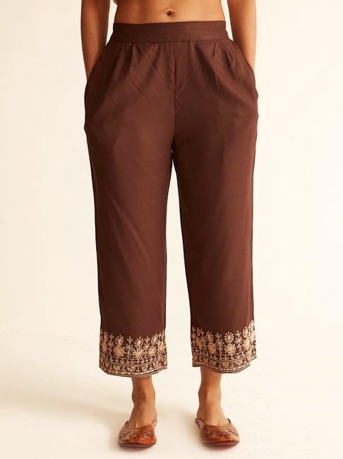 ancestry brown embroidered palazzos