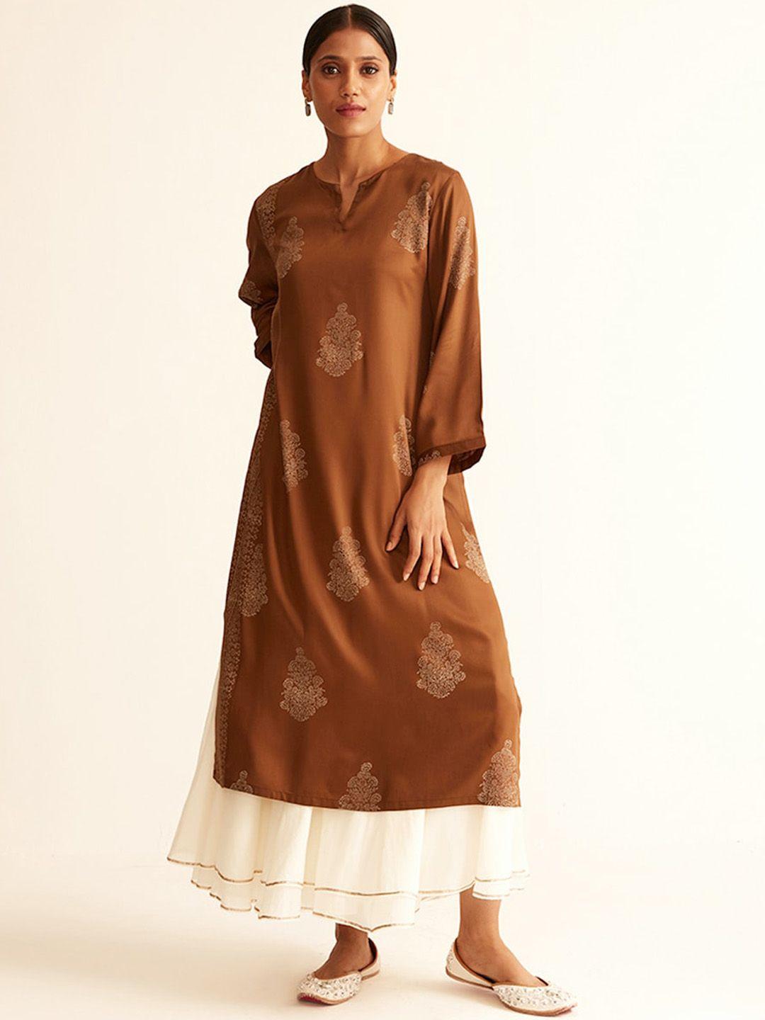 ancestry brown ethnic motifs printed flared sleeves indie prints cotton kurta