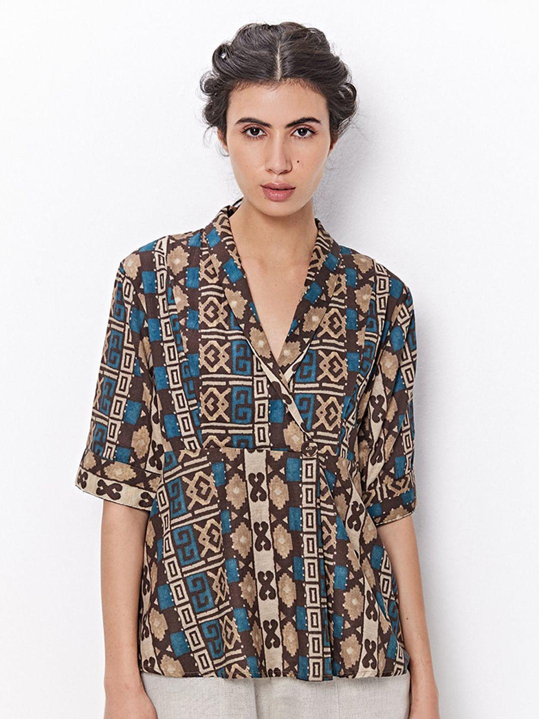 ancestry brown print cotton shirt style top