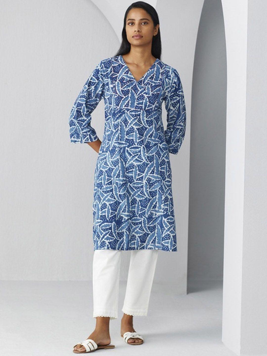 ancestry conversational printed v-neck cotton straight kurta