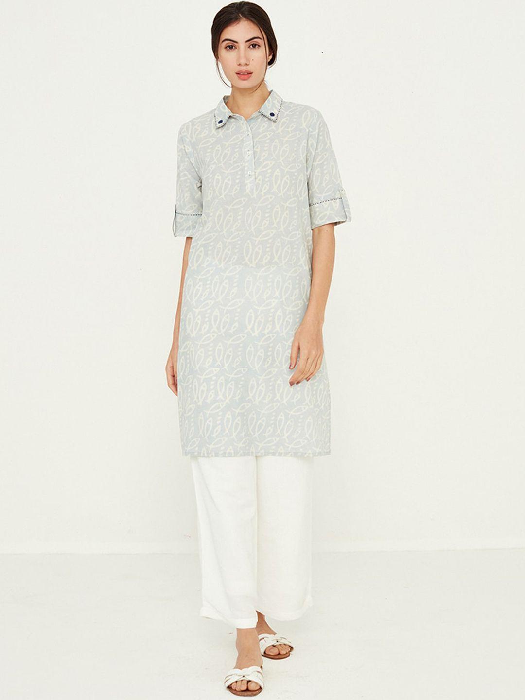 ancestry ethnic motifs printed roll-up sleeves thread work pathani cotton kurta