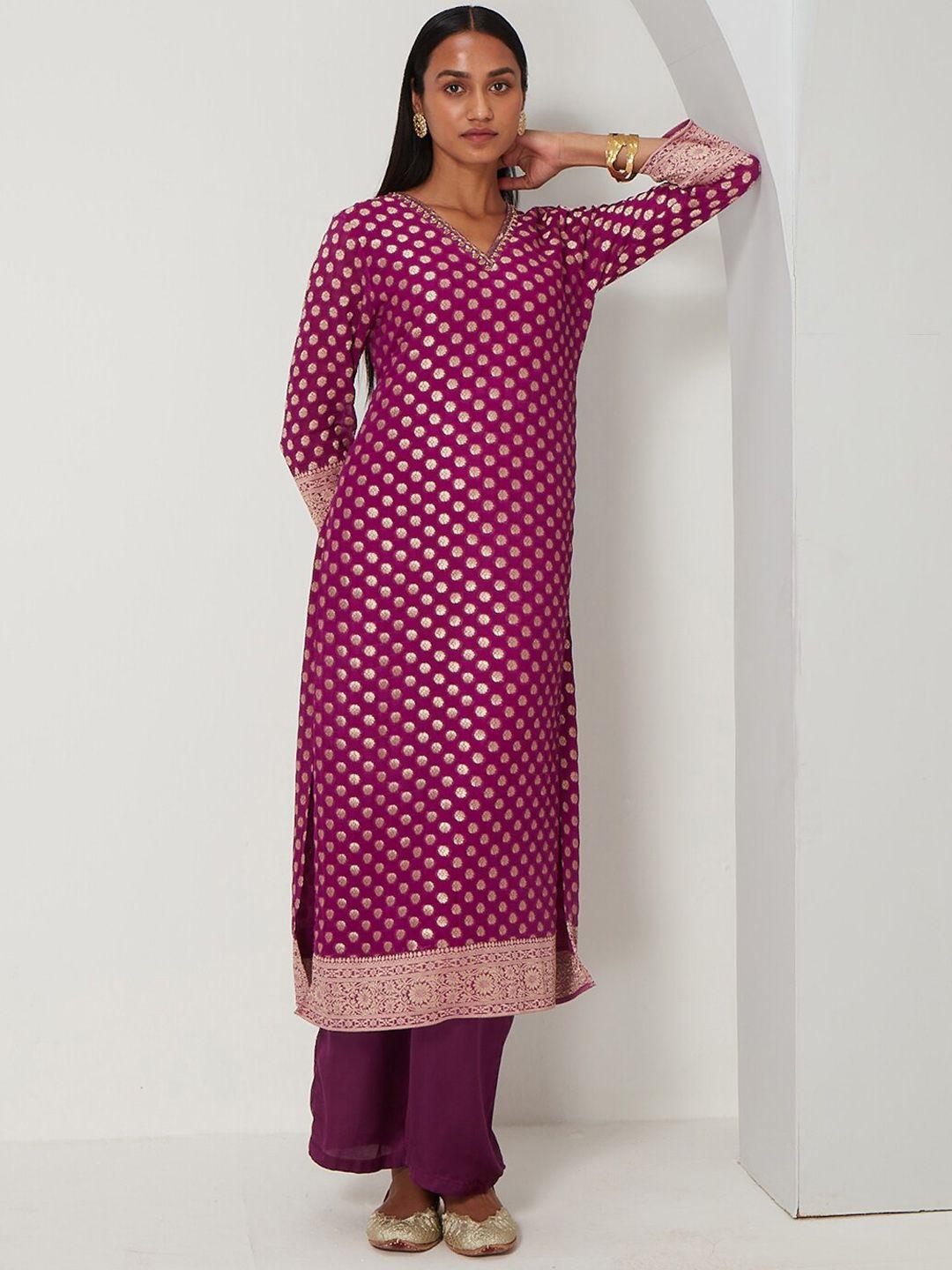 ancestry ethnic motifs woven design beads and stones v-neck straight kurta