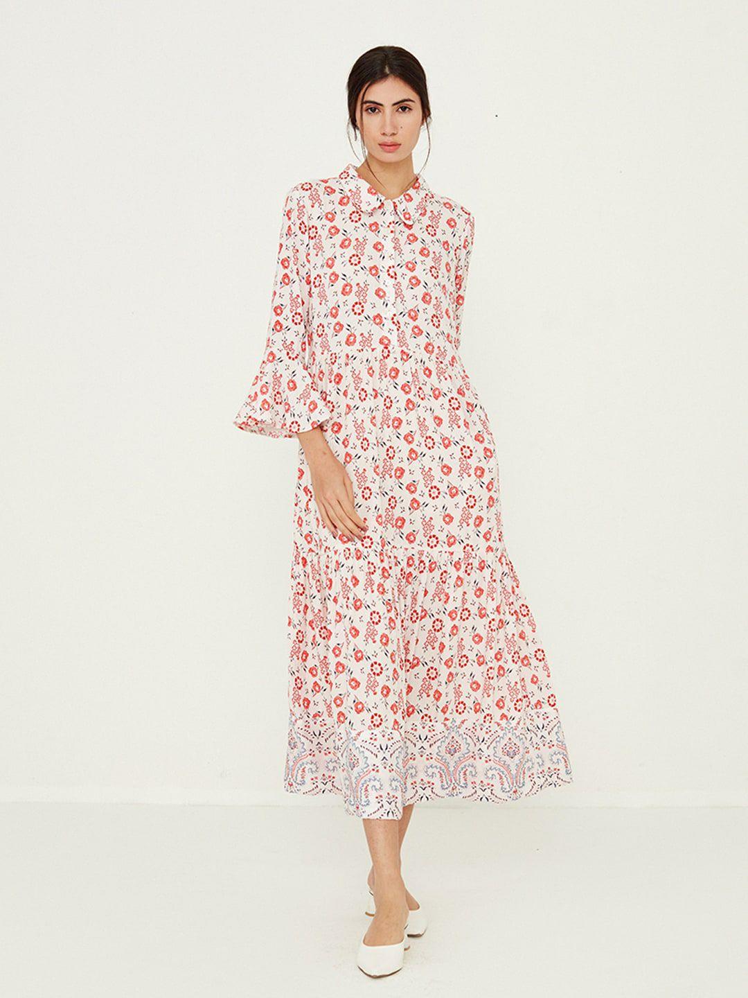 ancestry floral printed bell sleeves tiered  fit & flare midi dress