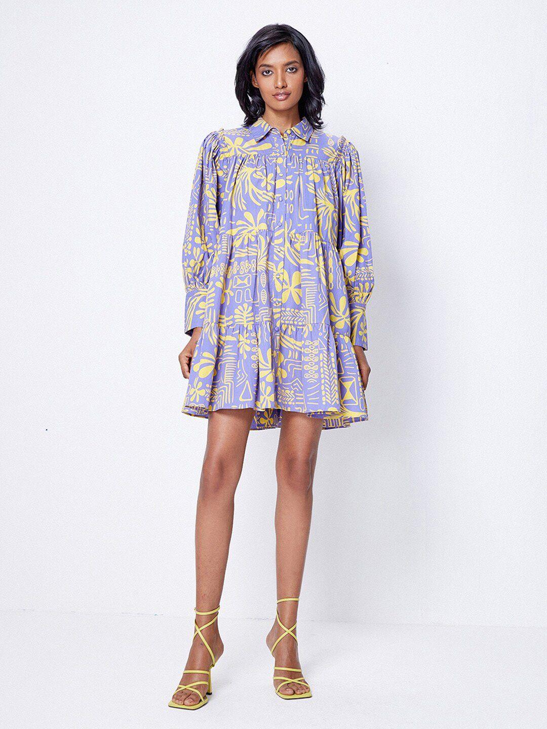 ancestry floral printed cuffed sleeves tiered poplin shirt mini dress