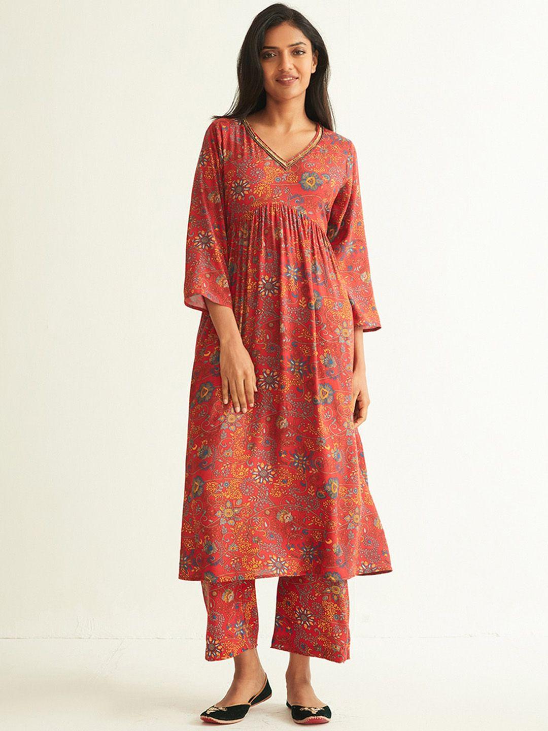 ancestry floral printed pleated a-line kurta