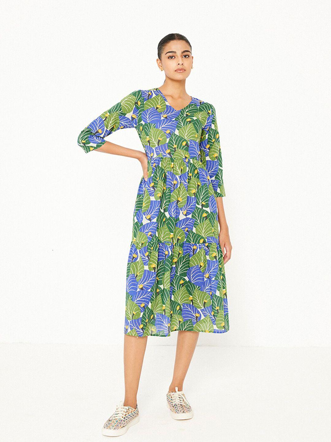 ancestry floral printed v-neck a-line midi dress