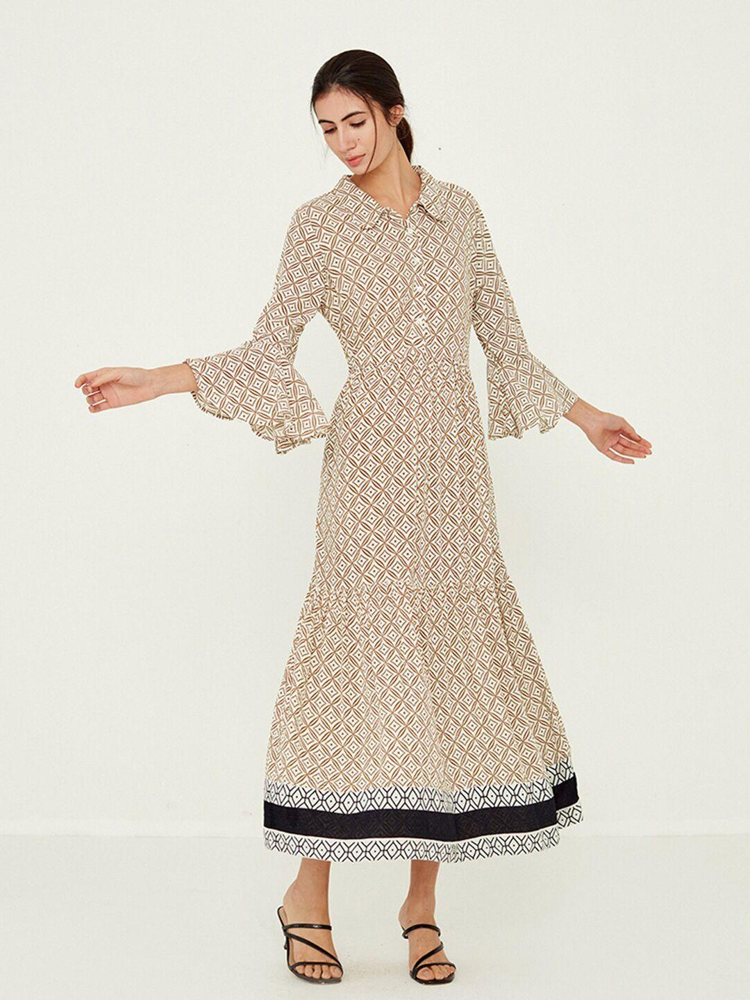 ancestry geometric printed bell sleeves tiered  fit & flare midi dress