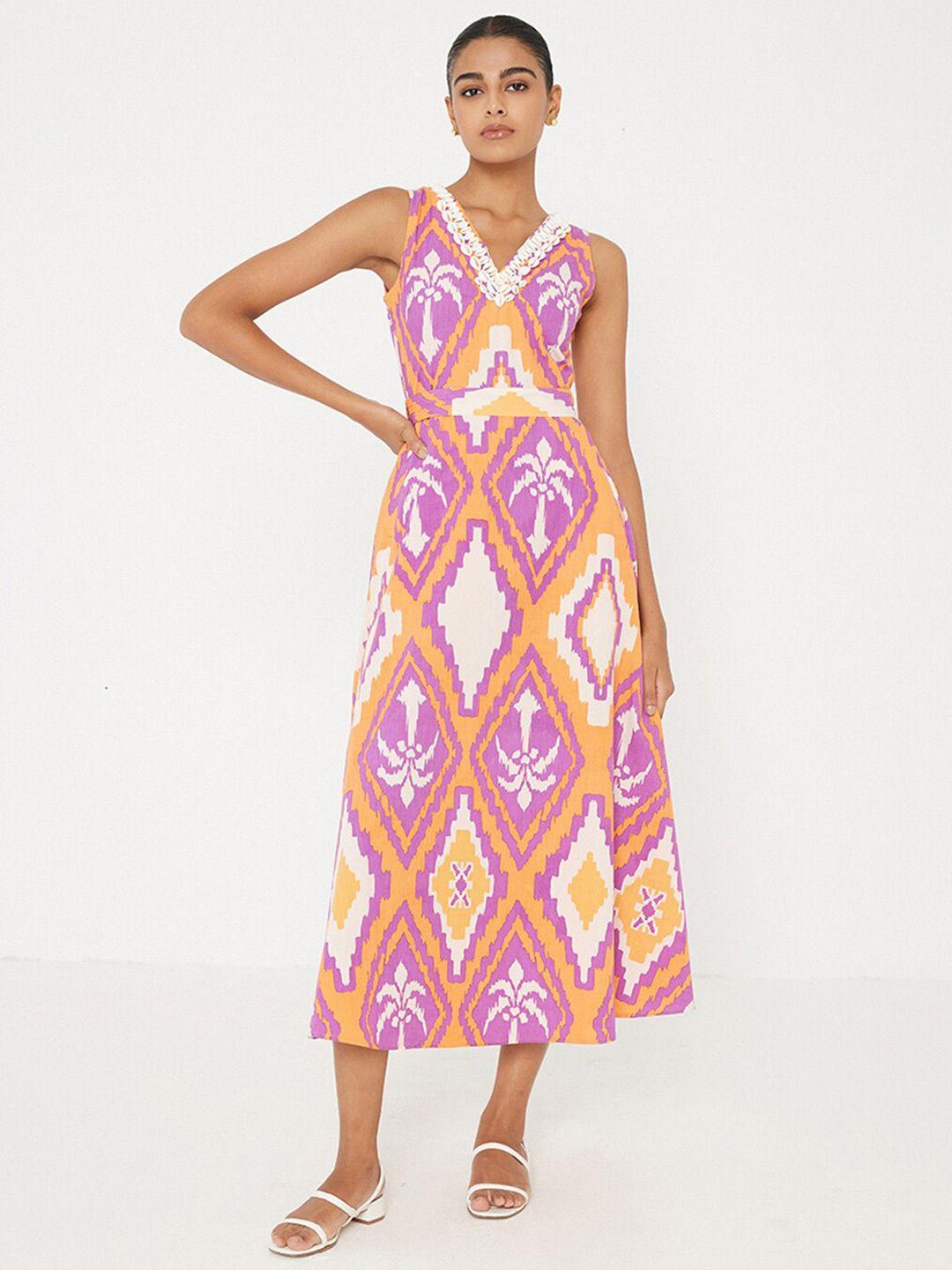 ancestry geometric printed embellished poplin fit & flare midi dress