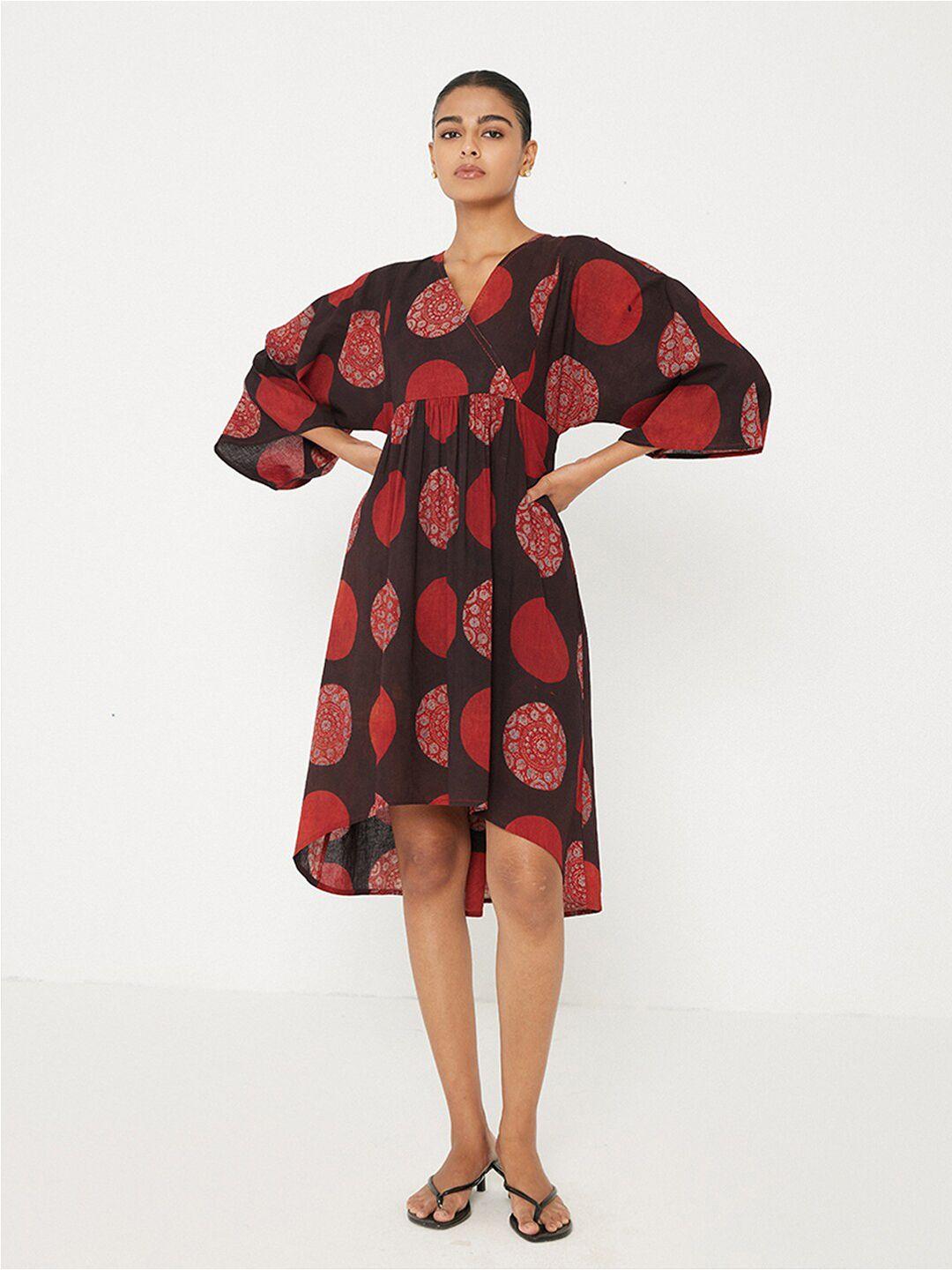 ancestry geometric printed v-neck flared sleeves cotton a-line dress