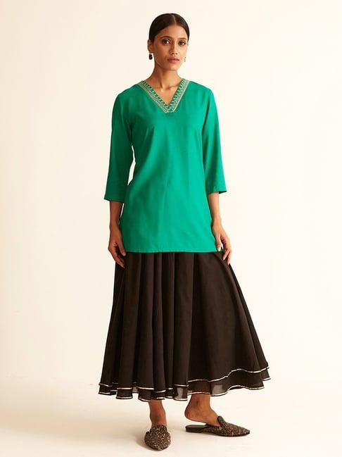 ancestry green embroidered a line kurti