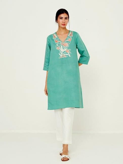 ancestry green embroidered straight kurta