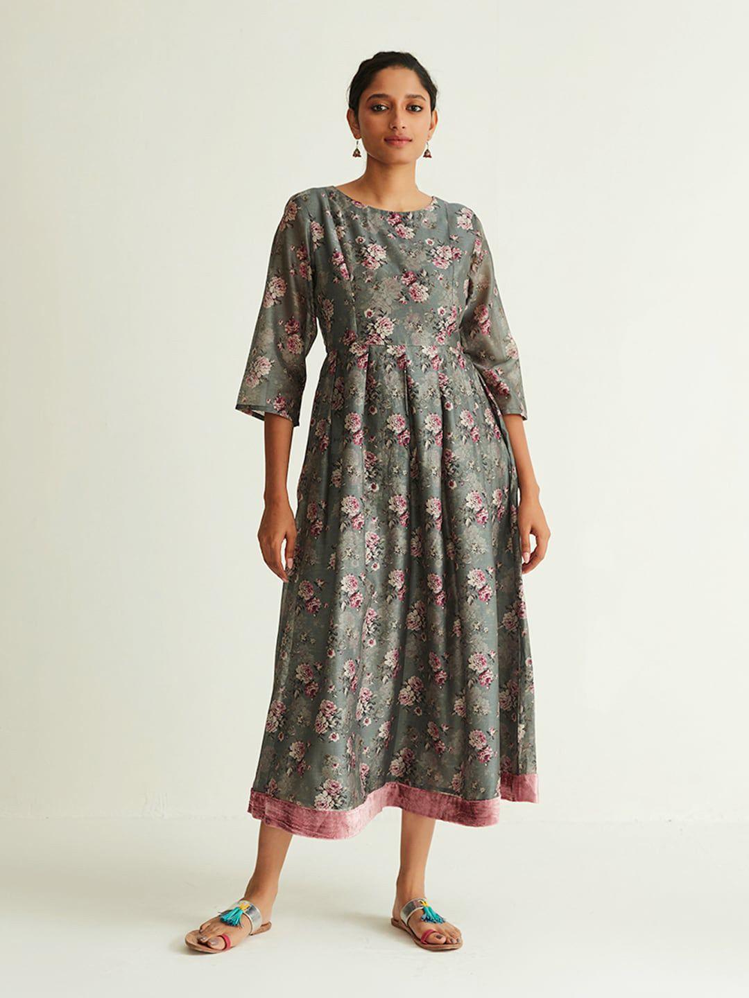 ancestry grey & pink floral a-line cotton midi dress