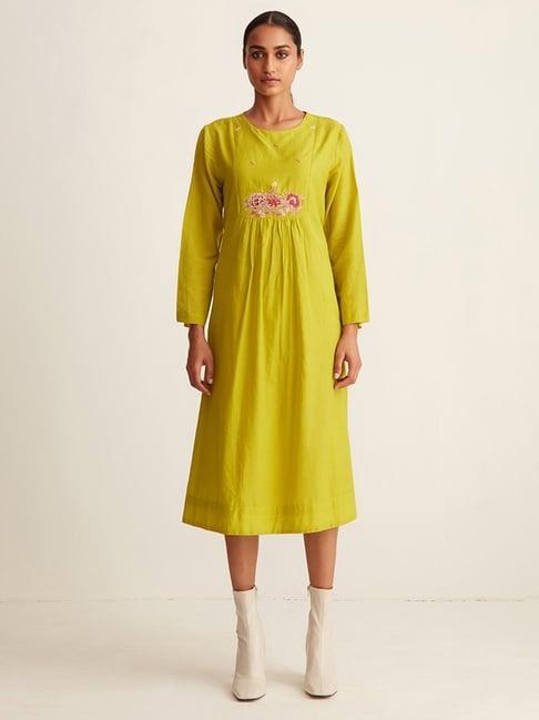 ancestry lime yellow embroidered midi dress