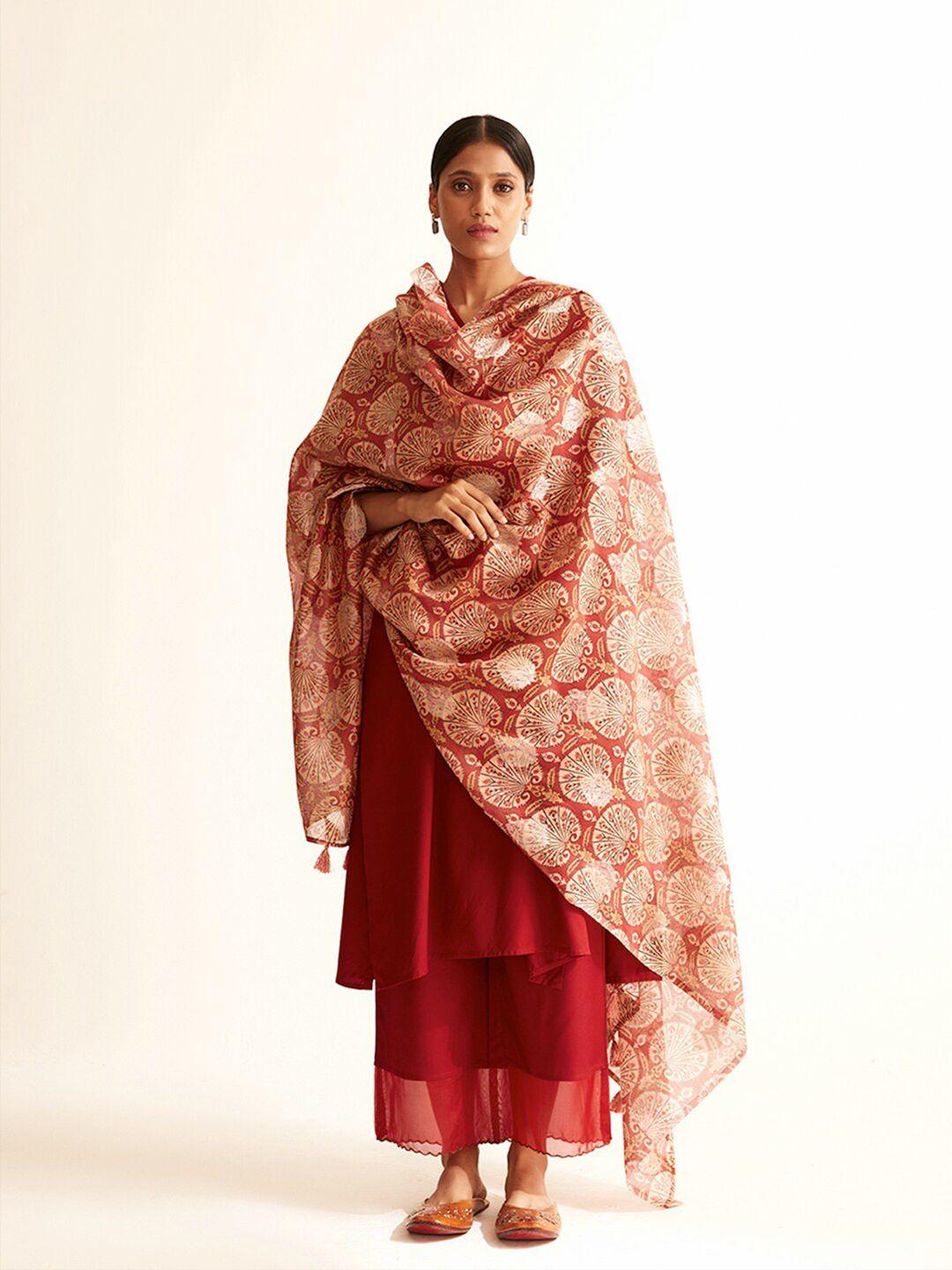 ancestry maroon & brown ethnic motifs printed organza dupatta