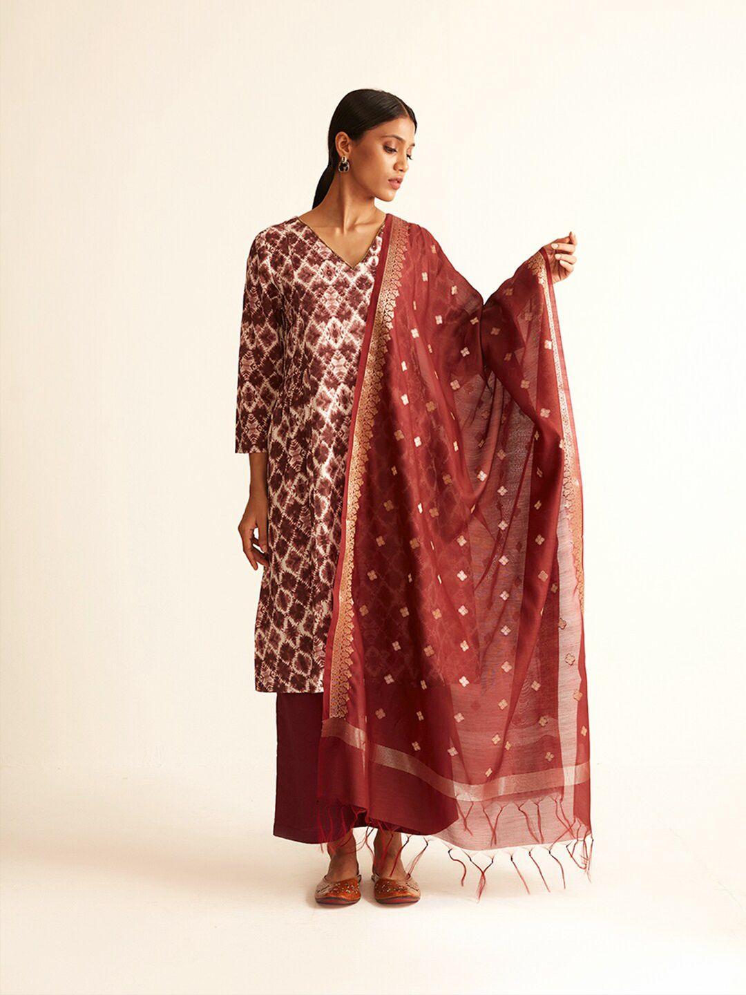 ancestry maroon & gold-toned woven design pure silk dupatta with zari