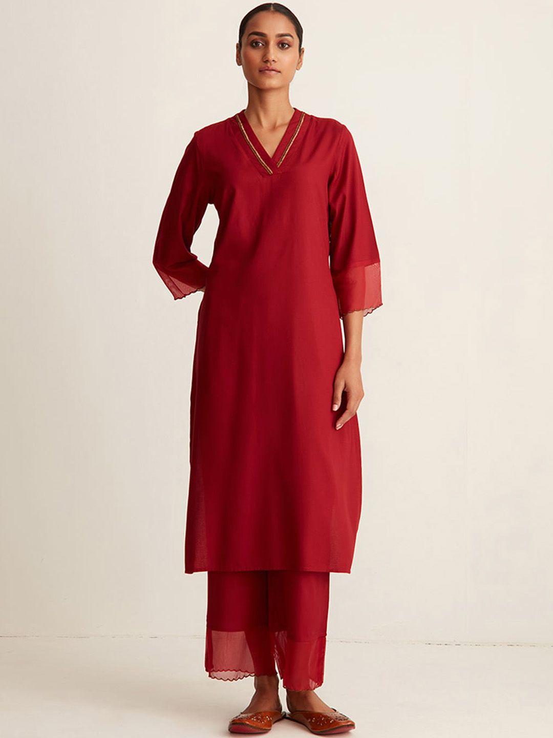 ancestry maroon v-neck calf length kurta