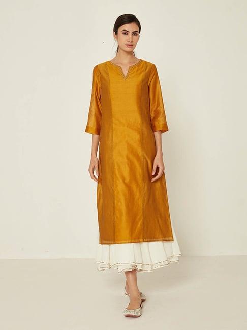 ancestry mustard chanderi embroidered straight kurta