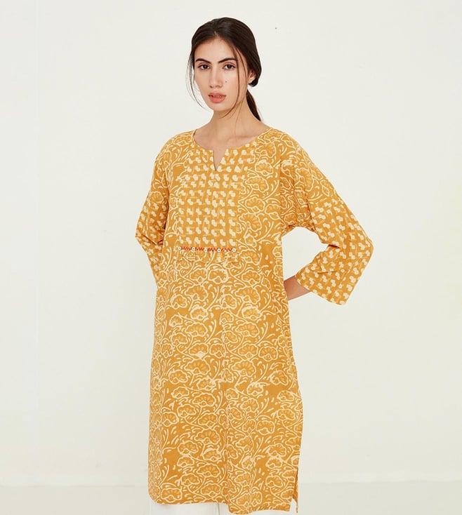 ancestry mustard dabu printed kurta