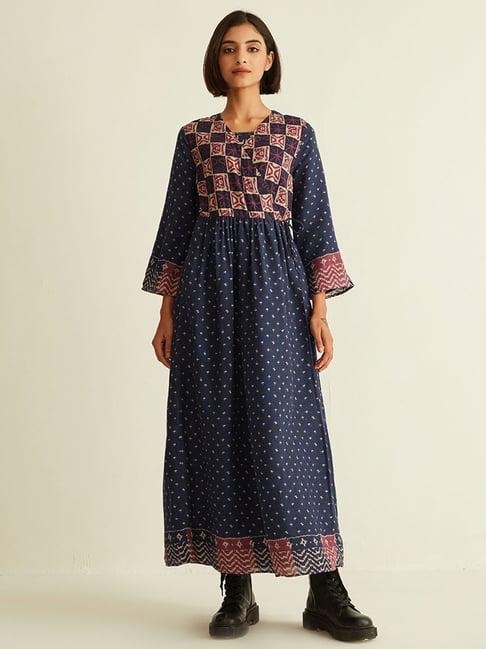 ancestry navy printed fit & flare kurta