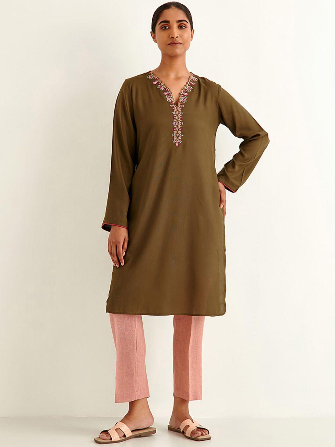 ancestry olive green embroidered  kurta