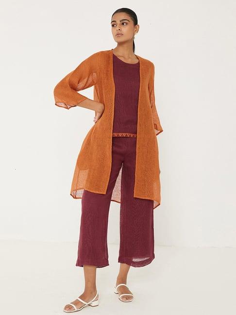 ancestry orange & maroon top & pant set with jacket