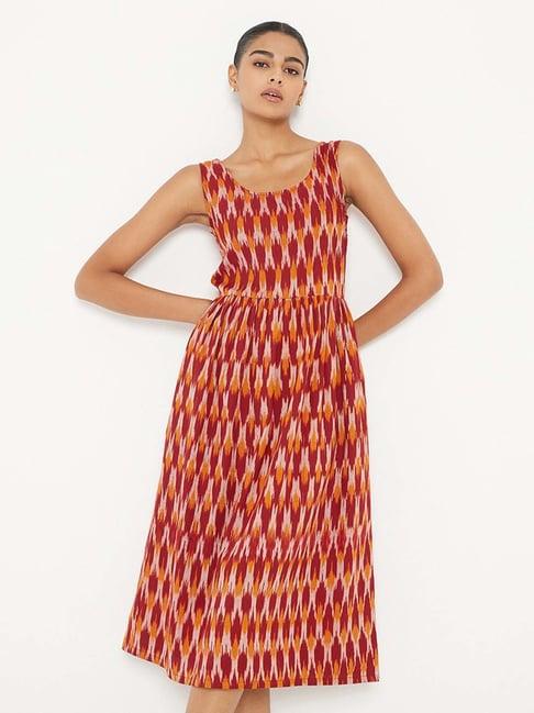 ancestry orange & red printed midi dress