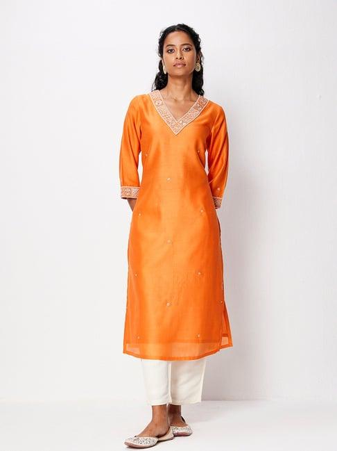 ancestry orange chanderi embroidered kurta