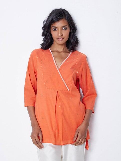 ancestry orange cotton embellished a line kurti