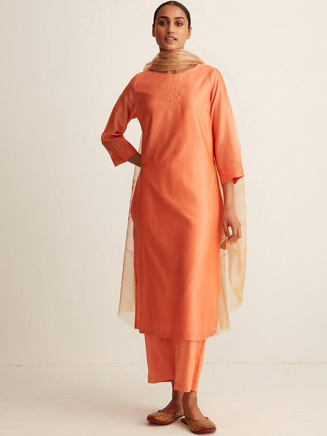 ancestry orange embroidered chanderi silk kurta