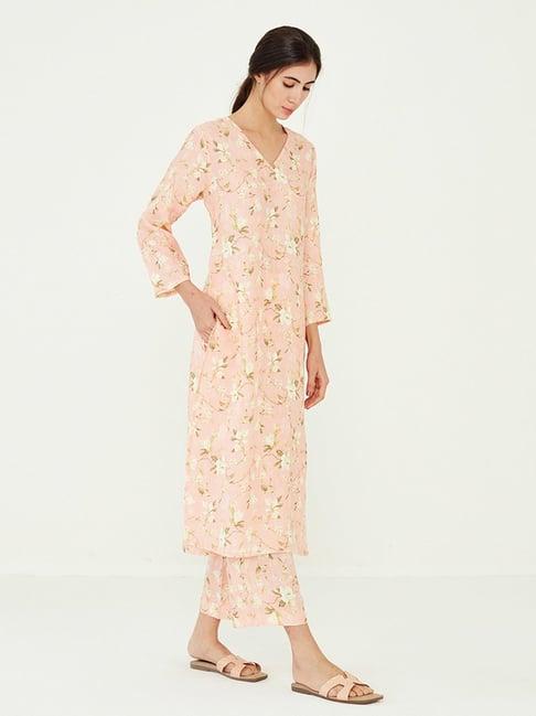 ancestry peach floral print straight kurta