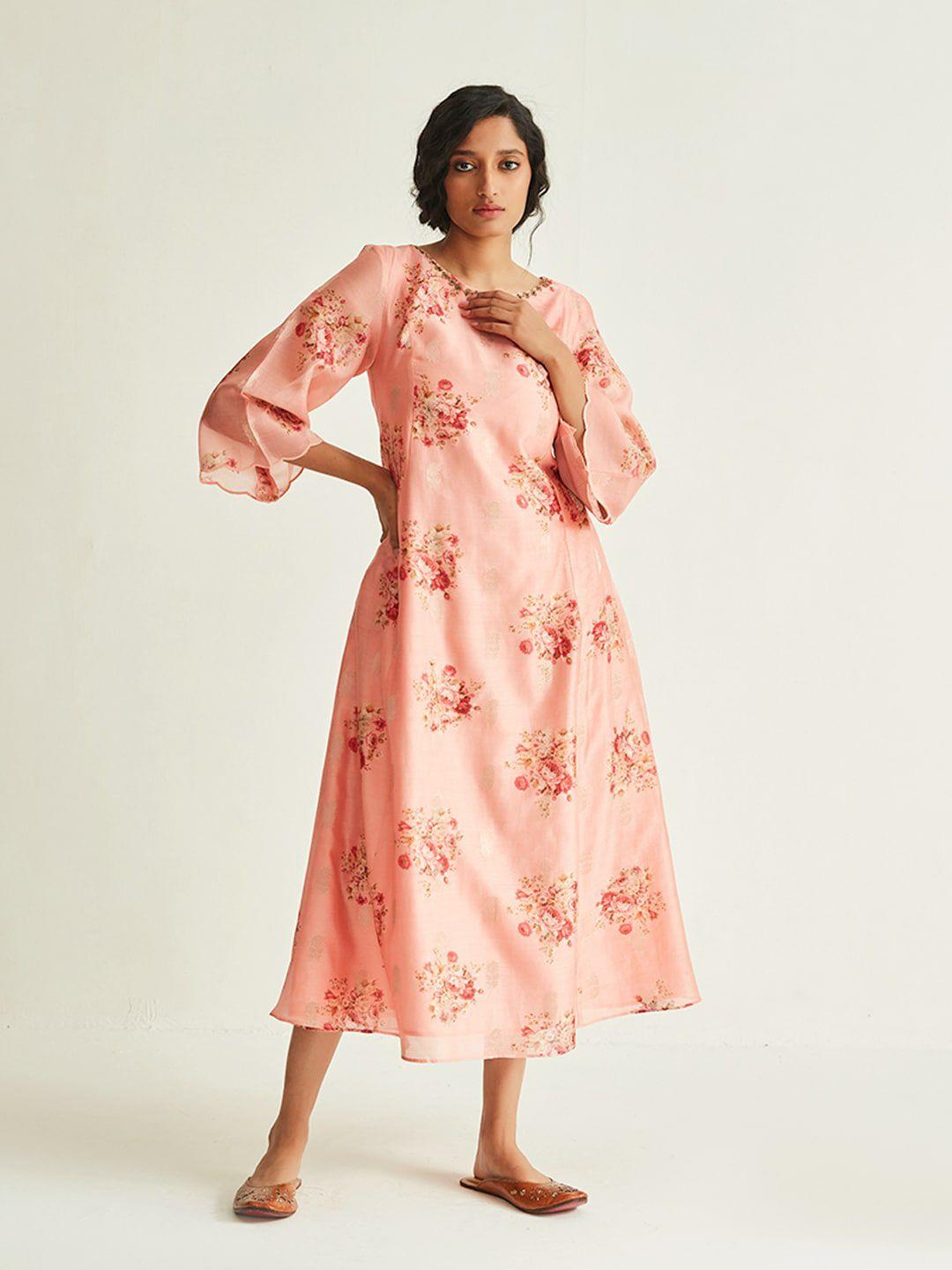 ancestry pink & brown floral a-line midi dress
