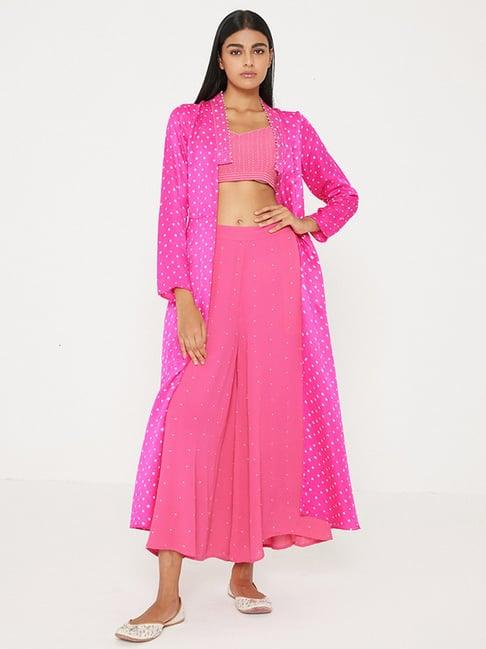 ancestry pink bandhani print top with palazzo & jacket