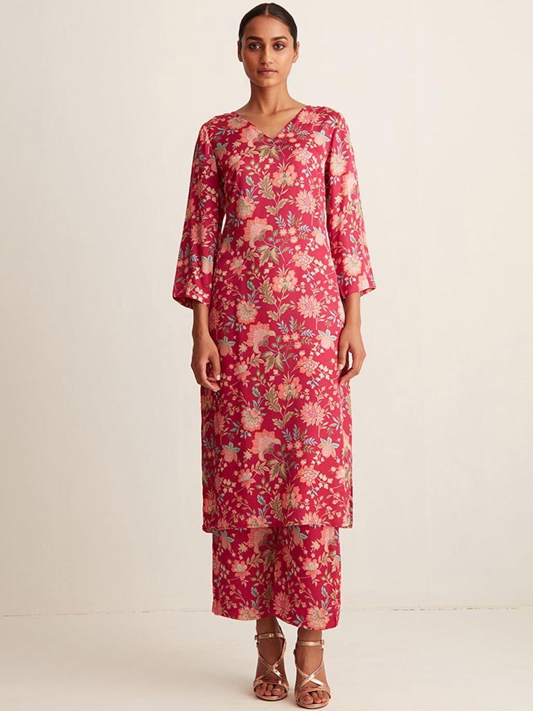 ancestry pink floral printed satin kurta