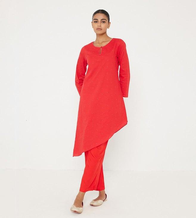 ancestry red embellished asymmetric kurta with pant