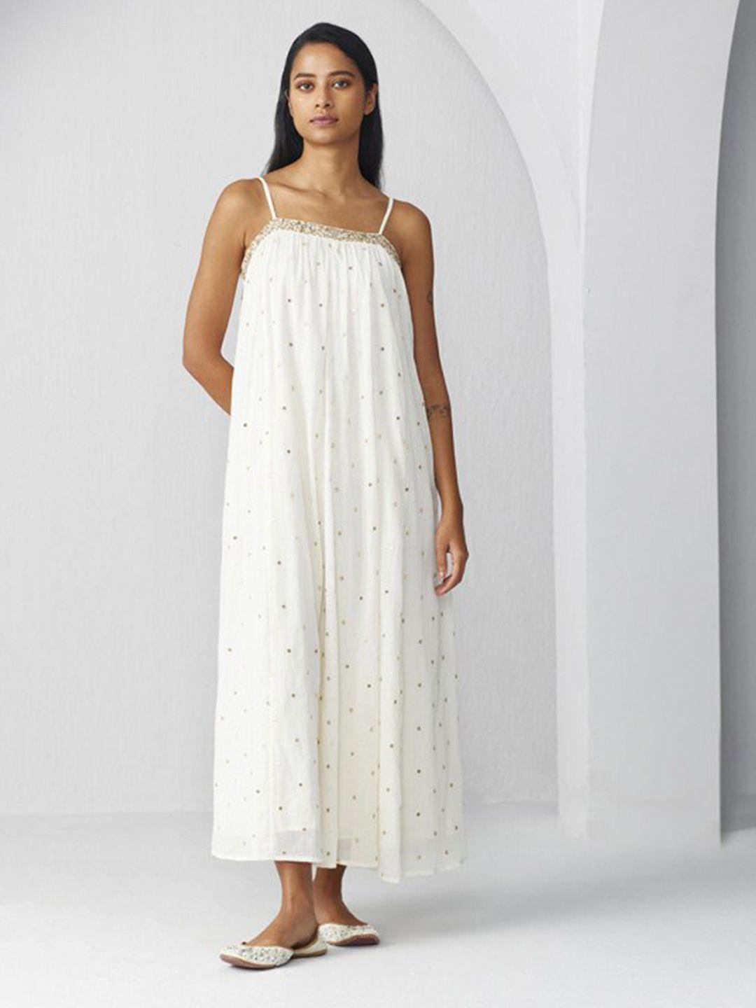 ancestry shoulder ethnic motifs embroidered strap neck cotton maxi dress