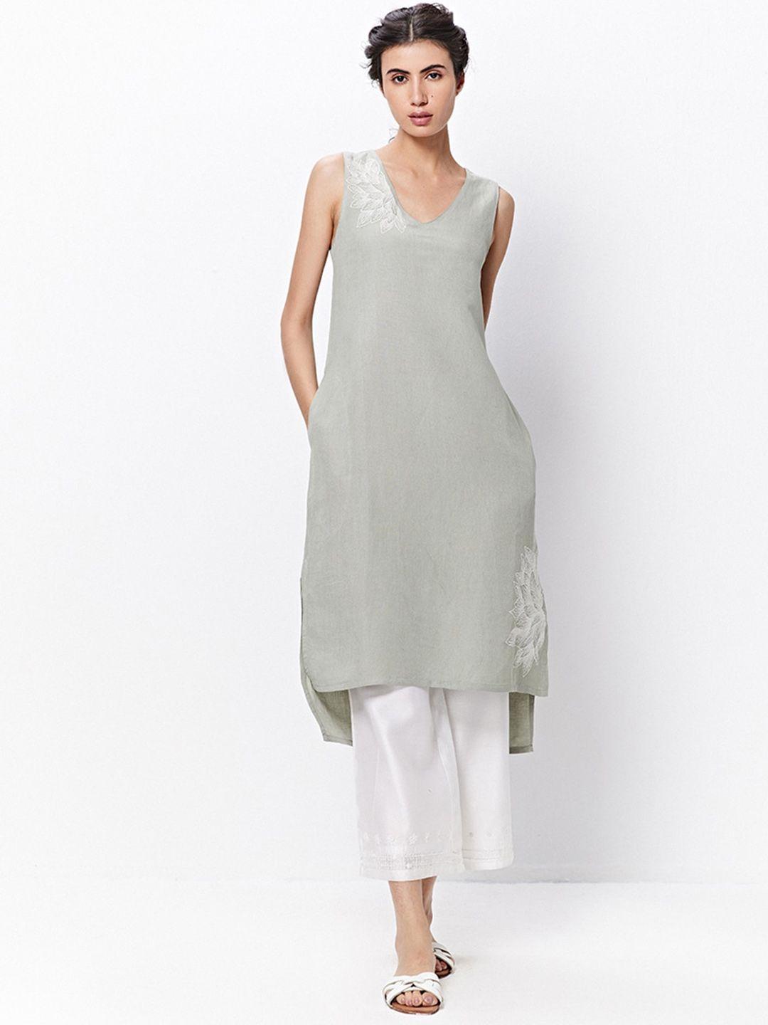 ancestry sleeveless thread work linen straight kurta