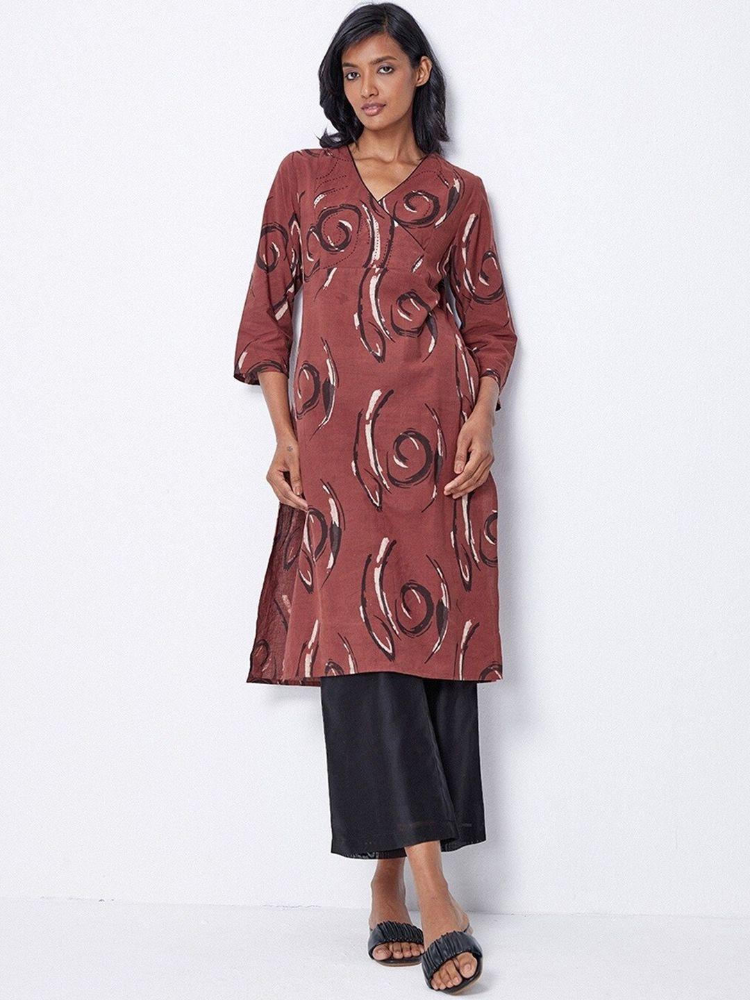 ancestry v neck abstract printed angrakha style cotton kurta