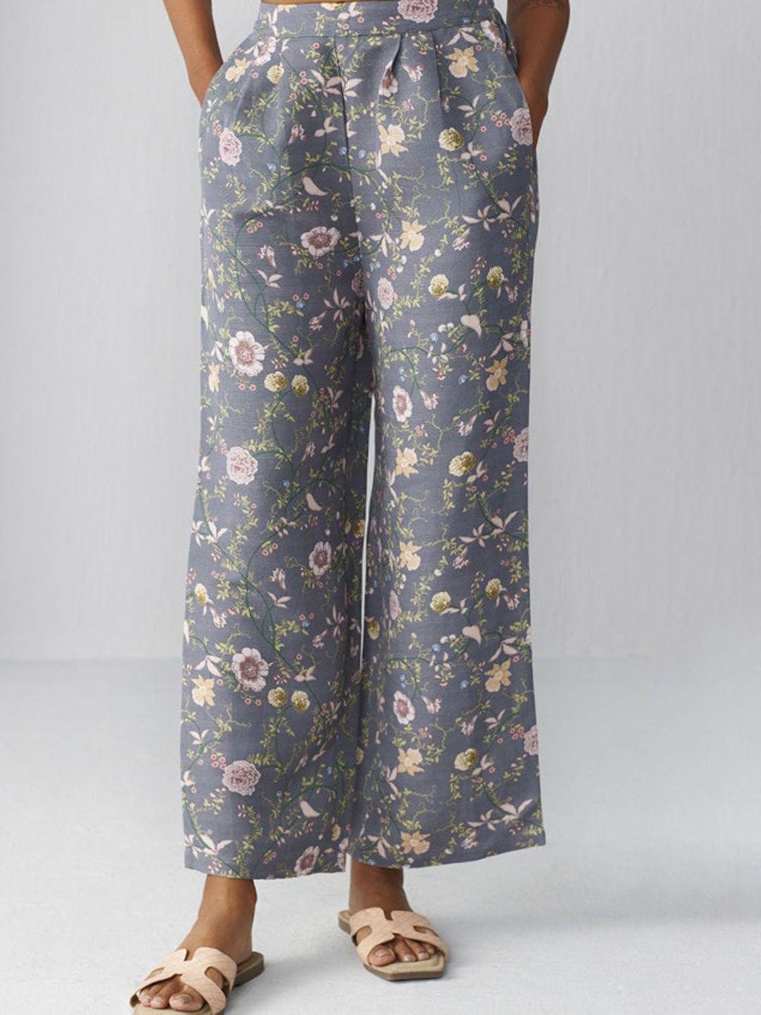 ancestry women floral printed regular fit mid-rise linen trousers
