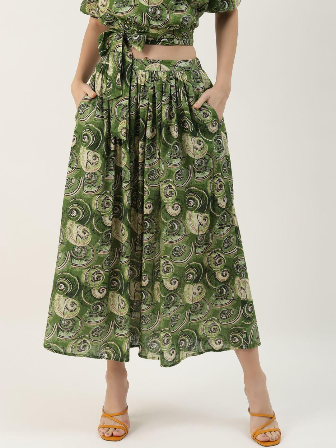 ancestry women green & beige checked pure cotton flared midi skirt