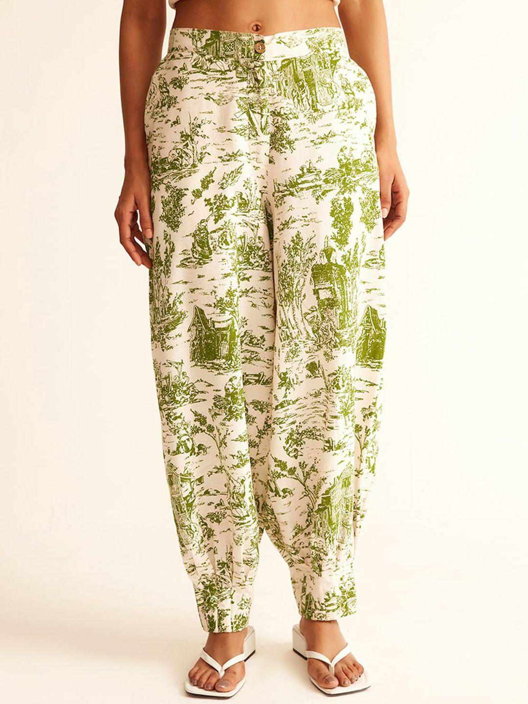 ancestry women green & off white printed linen jodhpuris trousers