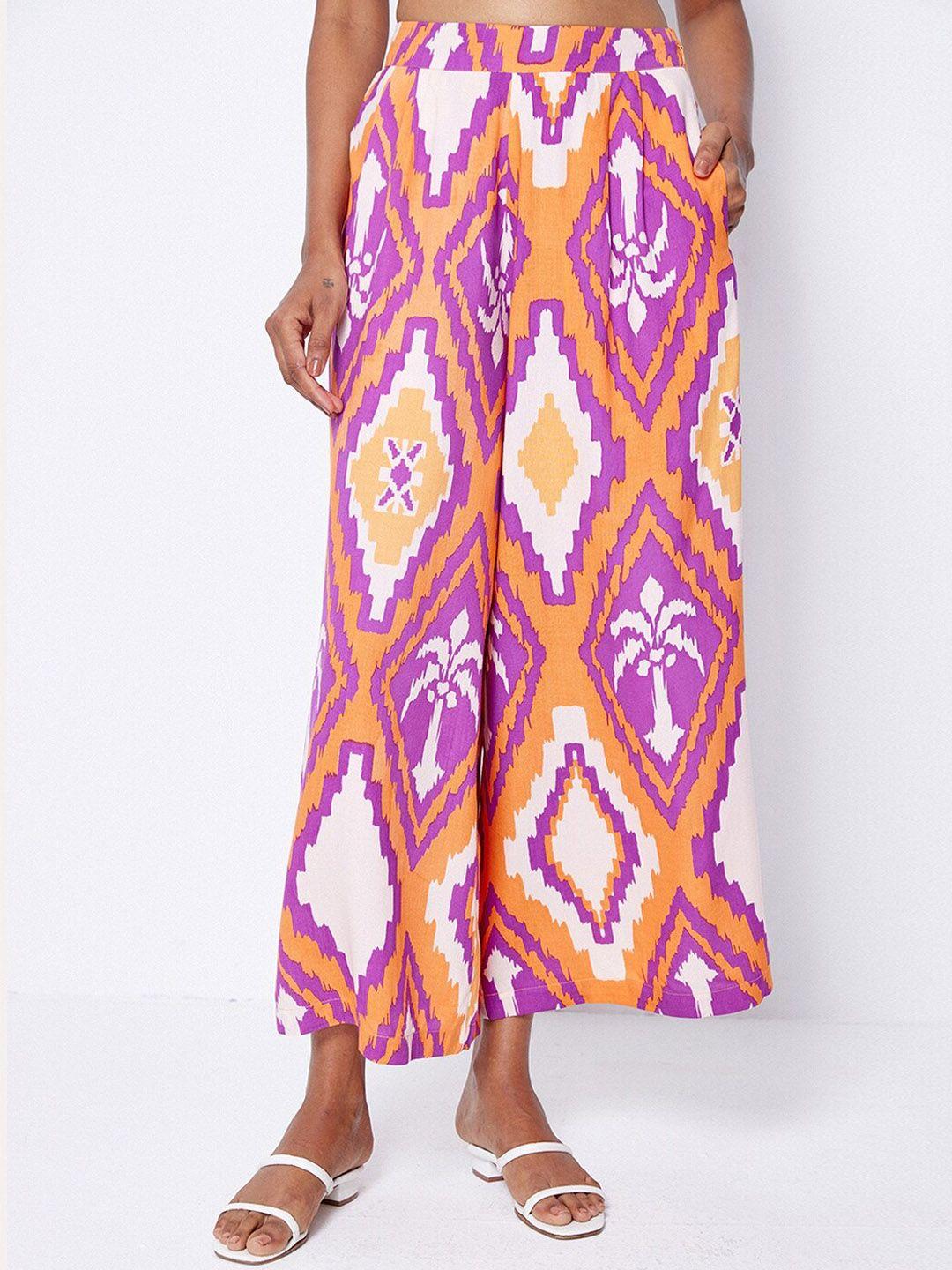 ancestry women multicoloured ethnic motifs printed straight fit trousers