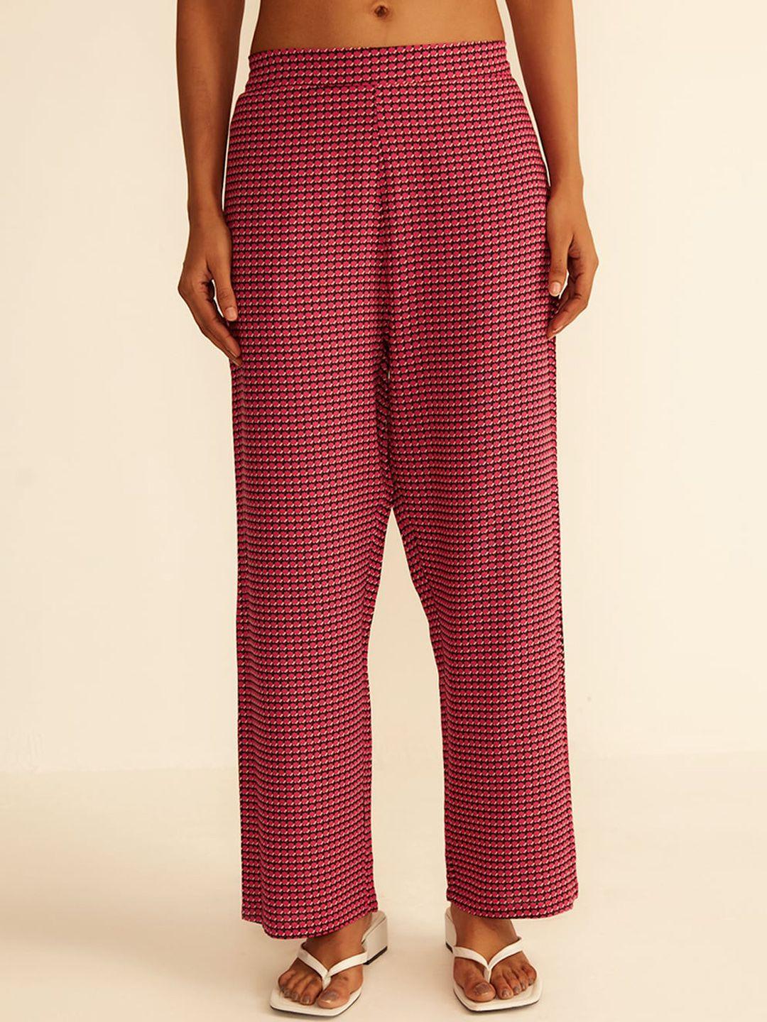 ancestry women pink 7 black printed cotton parallel trousers
