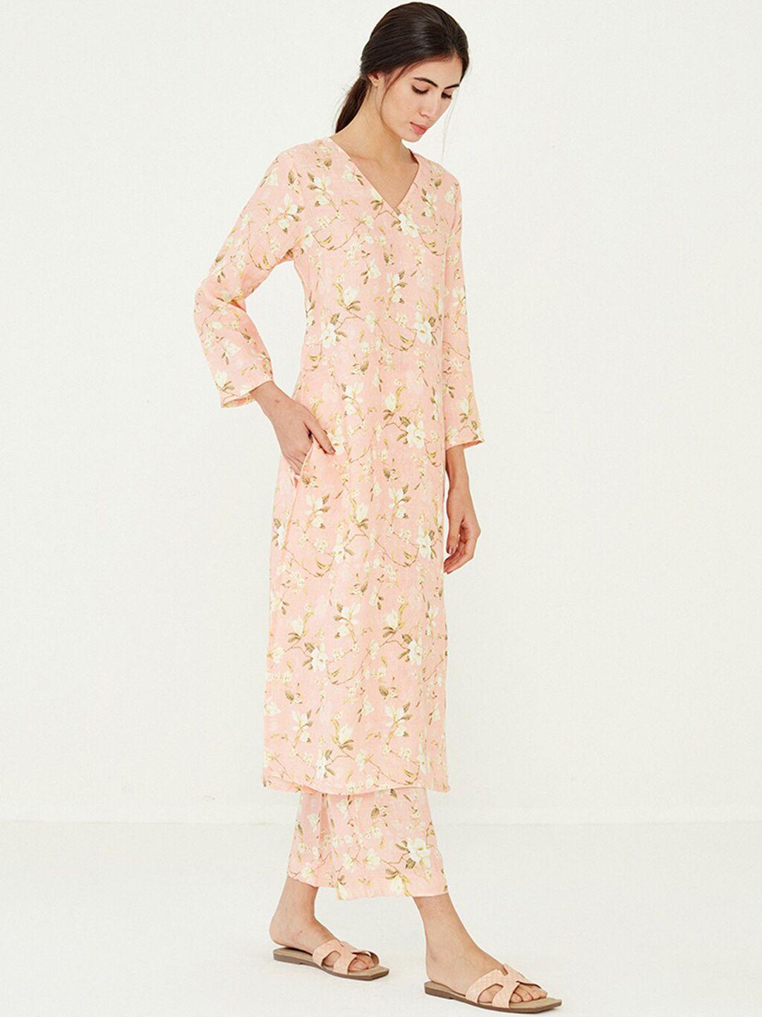 ancestry women pink floral flared sleeves sequinned kurta